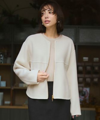 SEE BY CHLOE ノーカラーショートコート ベージュ フリンジ加工 プレミアムウールリバー オープンカラーショートコート（その他