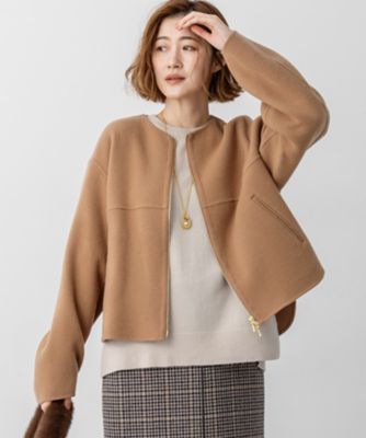 SEE BY CHLOE ノーカラーショートコート ベージュ フリンジ加工 プレミアムウールリバー オープンカラーショートコート（その他