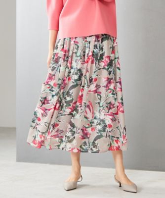 ＜自由区 L (Women/大きいサイズ)＞【ウエストゴム・洗える】ペイントフラワープリント　スカート（ＳＫＷＲＣＭ０３０７）