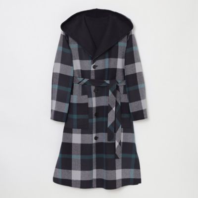 ブルーレーベル クレストブリッジ ファー付 ロングコート チェック ネイビー クレストブリッジチェックダブルフェイスロングコート