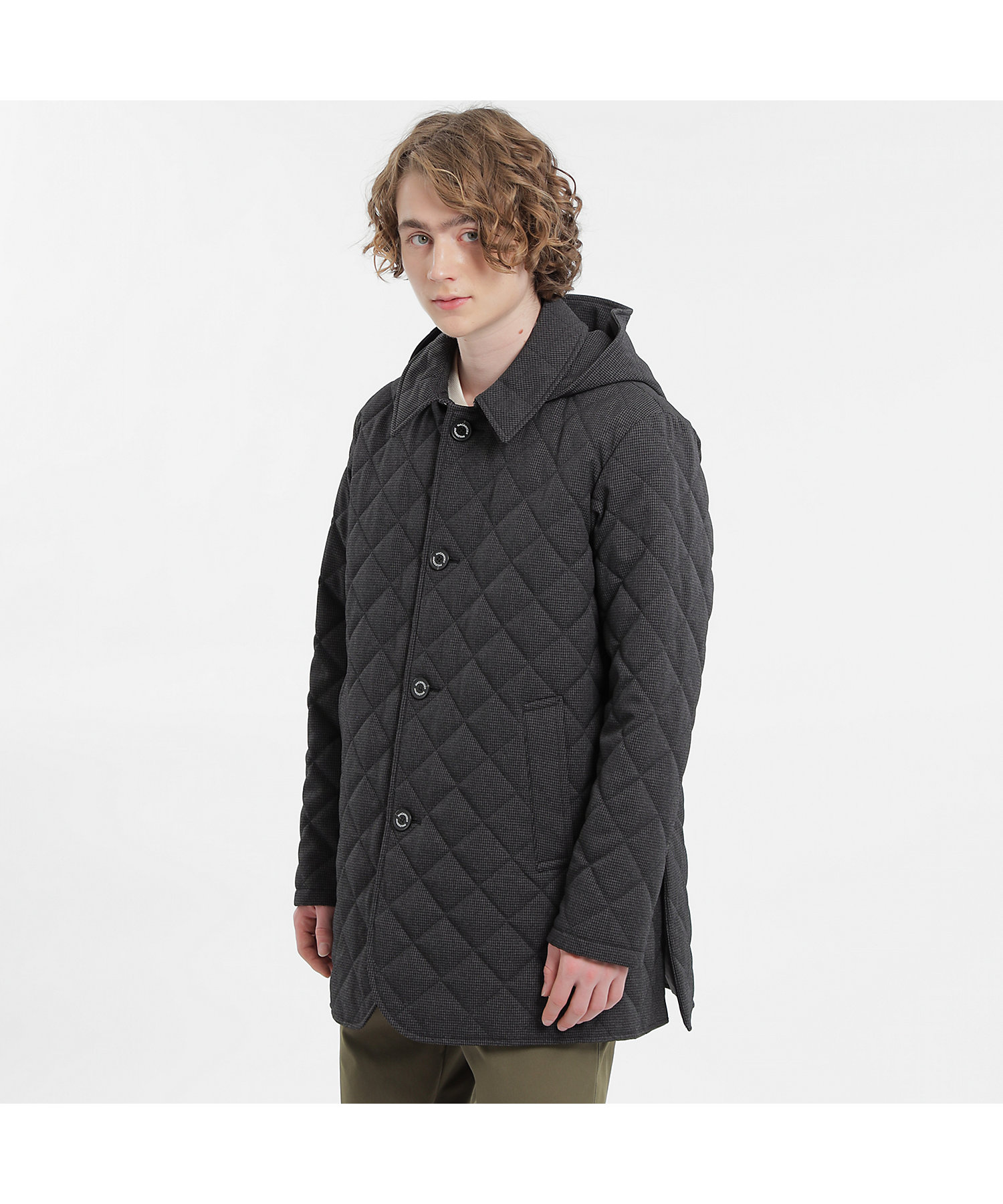 上質 シルク ウール フーデッドコート 黒 中綿 キルティング フード USA製-