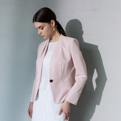 美品✨ベイジ　ノーカラージャケット　ウール　Ｖネック　１B　ホワイト　６ セットアップ対応・洗える・UVケア・速乾】 OXIJEWELストレッチ
