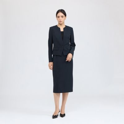 美品☆エポカ　スカートスーツ　セットアップ　ノーカラージャケット　40　カーキ EPOCA（エポカ） ジャケット ノーカラージャケット ストレッチ