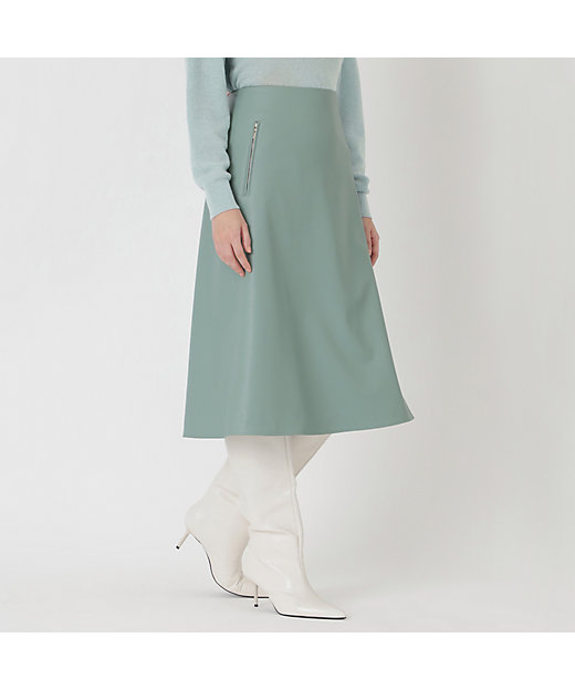【SALE】シンセティックレザー セミフレアスカート ミドリ ひざ丈スカート