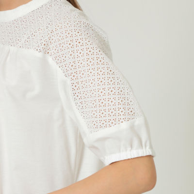 ウォッシャブル】カットワークコンビプルオーバーブラウス