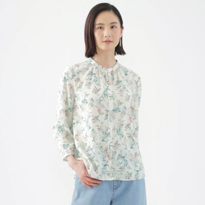 ウォッシャブル】カラードフラワープリントギャザーブラウス