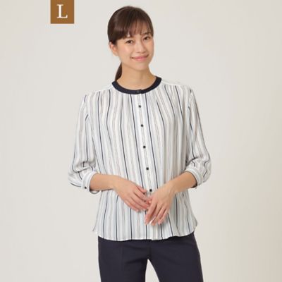 ＜TRANSWORK L (Women/大きいサイズ)＞【Ｌ】【ウォッシャブル】バックサテンストライプノーカラーシャツ（Ｕ３Ｍ１２１３３＿＿）