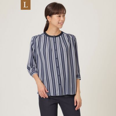 【Ｌ】【ウォッシャブル】バックサテンストライプノーカラーシャツ（Ｕ３Ｍ１２１３３＿＿）