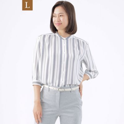 ＜TRANSWORK L (Women/大きいサイズ)＞【Ｌ】【接触冷感】【ウォッシャブル】ストライププリントバンドカラーシャツ（Ｕ３Ｍ３１３３１＿＿）