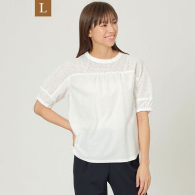 ＜TRANSWORK L (Women/大きいサイズ)＞【Ｌ】【ウォッシャブル】カットワークコンビプルオーバーブラウス（Ｕ３Ｍ３６１７４＿＿）