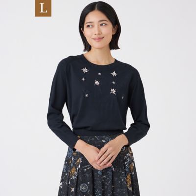 レオナール　豪華ビジュウ・ビーズ使いニット七分袖プルオーバーLLサイズ レオナール 豪華ビジュウ・ビーズ使いニット七分袖プルオーバー