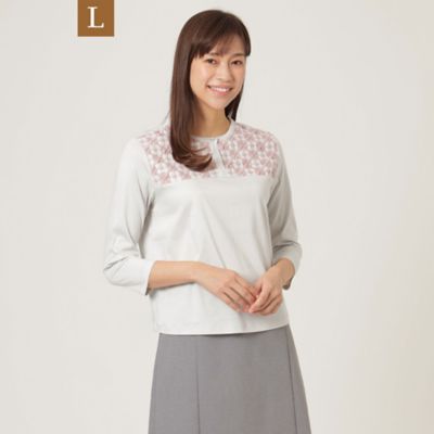 ＜TRANSWORK L (Women/大きいサイズ)＞【Ｌ】【ウォッシャブル】トーナルエンブロイダリーコンビカットソー（Ｕ３Ｐ０４１１１＿＿）