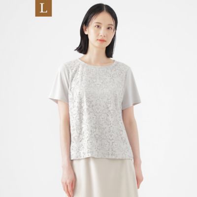 【Ｌ】【ウォッシャブル】【接触冷感】ラッセルレースコンビスムースプルオーバーカットソー（Ｕ３Ｐ０６５５３＿＿）