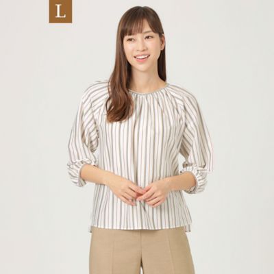 ＜TRANSWORK L (Women/大きいサイズ)＞【Ｌ】【ウォッシャブル】【セットアップ対応】ハイゲージストライプ天竺プルオーバーカットソー（Ｕ３Ｐ１２１４５＿＿）
