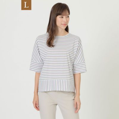 ＜TRANSWORK L (Women/大きいサイズ)＞【Ｌ】【ウォッシャブル】【接触冷感】ハイツイストコットンボーダーカットソー（Ｕ３Ｐ３０１５３＿＿）