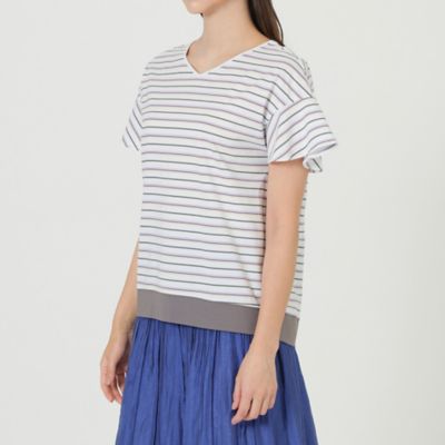 【Ｌ】【ウォッシャブル】【接触冷感】ハイツイストコットンボーダーＶネックカットソー（Ｕ３Ｐ３１１５３＿＿）