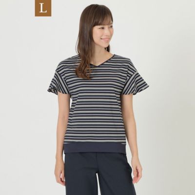 【Ｌ】【ウォッシャブル】【接触冷感】ハイツイストコットンボーダーＶネックカットソー（Ｕ３Ｐ３１１５３＿＿）