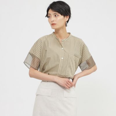 【ウォッシャブル】シアーコンビストライプフレンチスリーブブラウス（Ｕ５Ｍ０９３６４＿＿）