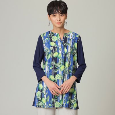 【ウォッシャブル】【接触冷感】ストライプリモーネプリントチュニックカットソー（Ｕ５Ｐ５４１４６＿＿）