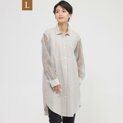EVEX BY KRIZIA L (Women/大きいサイズ)/エヴェックス バイ クリツィアＬ 【Ｌ】【ウォッシャブル】シアーコンビストライプロングシャツ（Ｕ７Ｍ１０３６４＿＿）