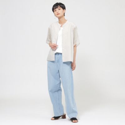 【Ｌ】【ウォッシャブル】シアーコンビストライプバンドカラーシャツ（Ｕ７Ｍ１３５６２＿＿）