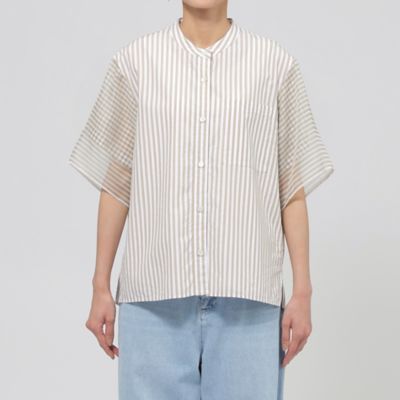 【Ｌ】【ウォッシャブル】シアーコンビストライプバンドカラーシャツ（Ｕ７Ｍ１３５６２＿＿）