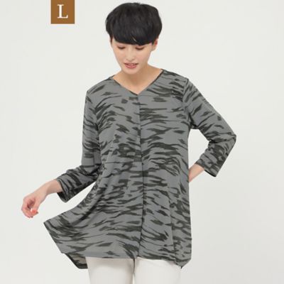 ＜EVEX BY KRIZIA L (Women/大きいサイズ)＞【Ｌ】【接触冷感】【吸水速乾】【ウォッシャブル】ゼブラプリントＶネックプルオーバーカットソーチュニック（Ｕ７Ｐ１２３４７＿＿）