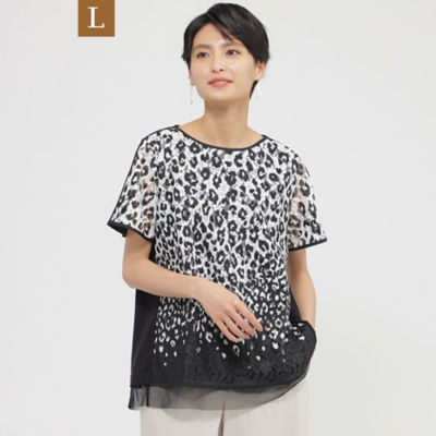 ＜EVEX BY KRIZIA L (Women/大きいサイズ)＞【Ｌ】【ウォッシャブル】パンサープリントレースコンビプルオーバーカットソー（Ｕ７Ｐ２４３８６＿＿）