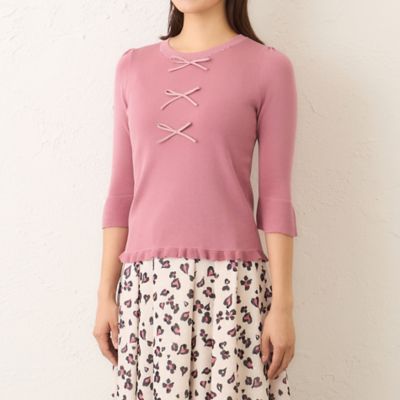 TO BE CHIC モスグリーンフリルリボン 半袖ニット ビジュー＆リボン ニット（W5N03633＿＿） | TO BE CHIC