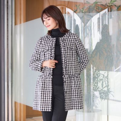 ＜TO BE CHIC L (Women/大きいサイズ)＞【Ｌ】ハウンドトゥースツイードノーカラー　ロングジャケット（Ｗ７Ｅ０３２４１＿＿）
