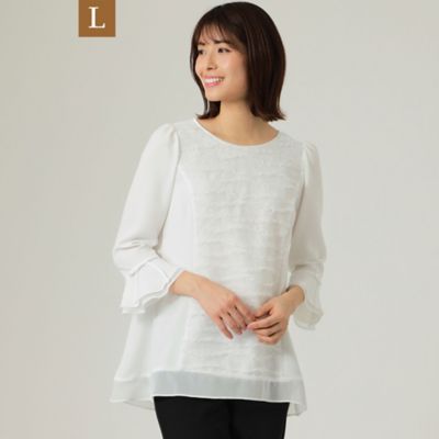＜TO BE CHIC L (Women/大きいサイズ)＞【Ｌ】チュールフリルボーダー　チュニック（Ｗ７Ｍ０３１１９＿＿）
