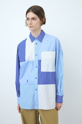 【在庫僅少】nagonstans (Women)/ナゴンスタンス Stripe MIX shirt(470HA430-0880) スカイブルー111 M 無地部分:ポリエステル67%コットン33%ストライプブルー部分:コットン100%濃色部分コットン88%ポリエステル12%ホワイト部分:コットン88