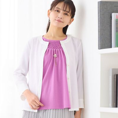 ＜LOBJIE (Women)＞【洗える】麻混ノーカラーブラウス（１２０３２６３３）