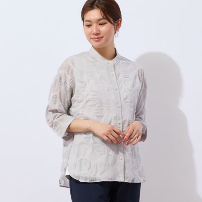 ＜LOBJIE (Women)＞【毎年人気・洗える・一部店舗限定】リップル生地バンドカラーシャツ（１２０３３５３５）