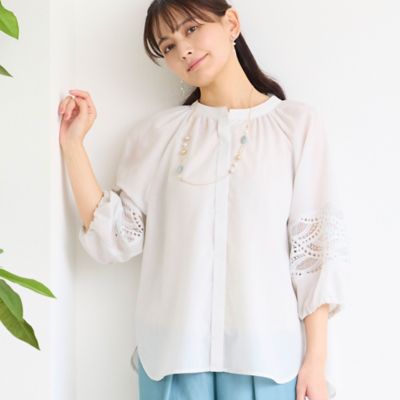 LOHEN ローヘン ウール ボリュームスリーブ ブラウス アイボリー F 洗える】レース接ぎボリュームスリーブブラウス（12033612