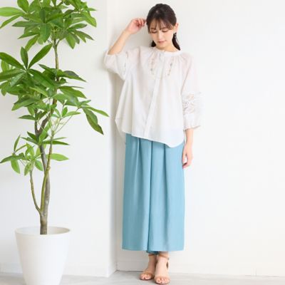 LOHEN ローヘン　ノーカラーボリュームスリーブブラウス 洗える】レース接ぎボリュームスリーブブラウス（12033612