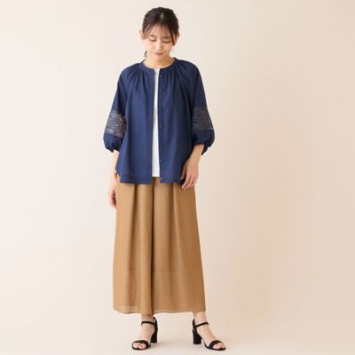 美品 ローヘン ウールボリュームスリーブジャージブラウス 日本製 上質 秋色 洗える】レース接ぎボリュームスリーブブラウス（12033612
