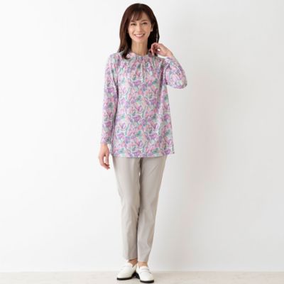 襟タック フラワープリントトップス（12122442