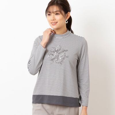 ＜LOBJIE (Women)＞【洗える・日本製】ＬＪ刺繍　ボーダーカットソー（１２１２２５０１）