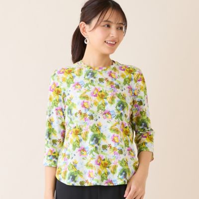 ＜LOBJIE (Women)＞【洗える・日本製・綿１００％】エレガンスフラワーコットンＴシャツ（１２１２２６１３）