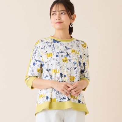 ＜LOBJIE (Women)＞【洗える・綿１００％・日本製】手描きフラワーカットソー（１２１２２６２２）