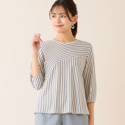 ＜LOBJIE (Women)＞【洗える・接触冷感・日本製】Ｓｏａｌｏｎボーダーパフスリーブトップス（１２１２２６３１）