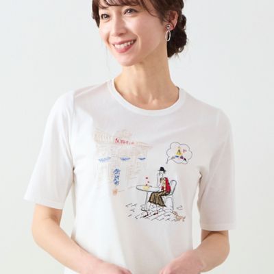 ＜LOBJIE (Women)＞Ｌｏｂｉｎ刺繍　Ｔシャツ（カフェ）（１２１２３４４２）