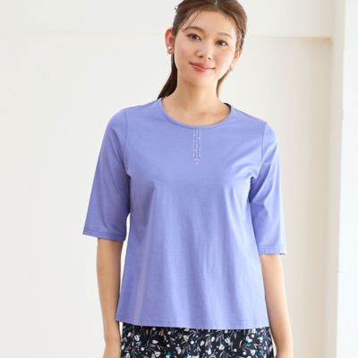 LOBJIE (Women)/ロブジェ 【洗える・日本製・Ｓ～ＬＬサイズ】襟ぐり刺繍　綿レーヨンＴシャツ（１２１２３５１４）