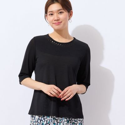 ＜LOBJIE (Women)＞【洗える・日本製】襟ジグザグ刺繍Ｔシャツ（１２１２３５４４）