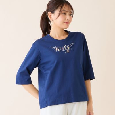 ＜LOBJIE (Women)＞【洗える・綿１００％・日本製】モチーフ刺繍Ｔシャツ（１２１２３６０１）