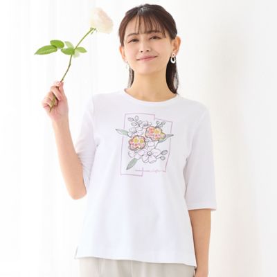 ＜LOBJIE (Women)＞【洗える・綿１００％】アップリケＴシャツ（１２１２３６２１）