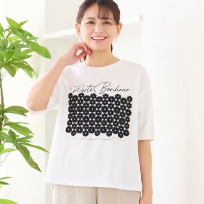 ＜LOBJIE (Women)＞【洗える】フラワーレースつきＴシャツ（１２１２３６３６）