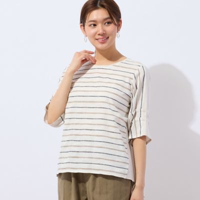 ＜LOBJIE (Women)＞【洗える】パナマストライプカットソー（１２１２４５０２）