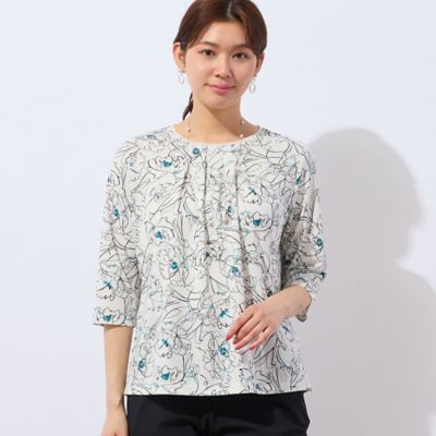 ＜LOBJIE (Women)＞【洗える・日本製】ラインフラワーＴシャツ（１２１２４５２１）